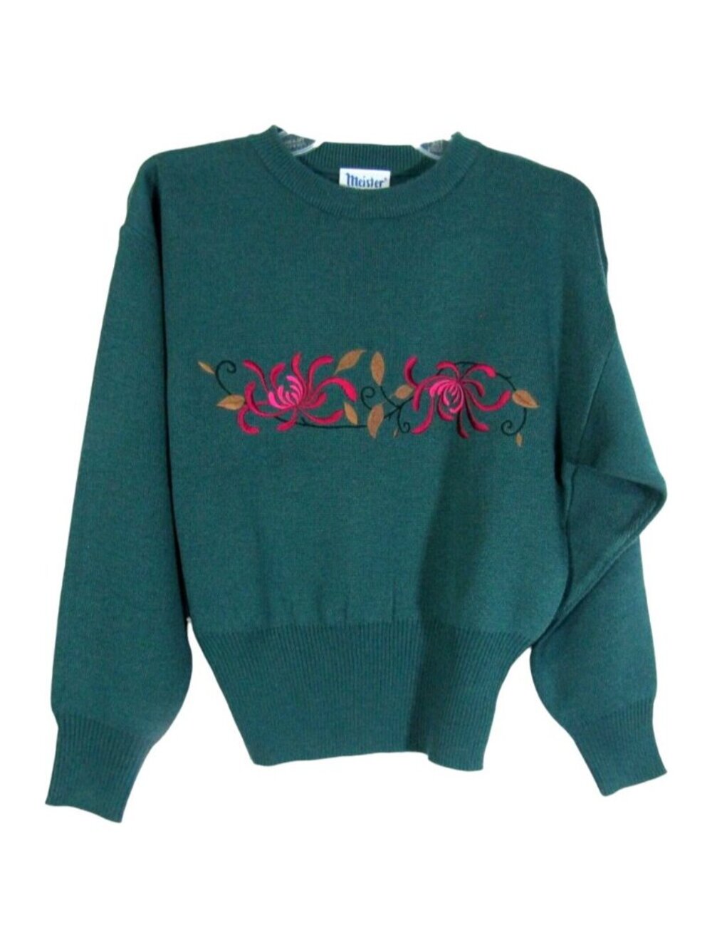 Vintage Meister Ski Sweater Size S Teal Green Wool Blend 80s Floral Embroidered